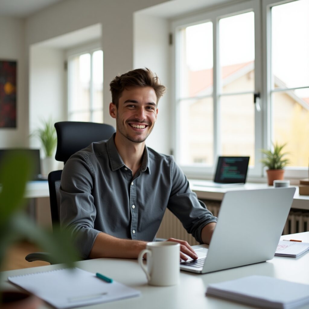 Flux Dev A Young Web Designer With A Bright Smile Dressed In C 1 1024x1024